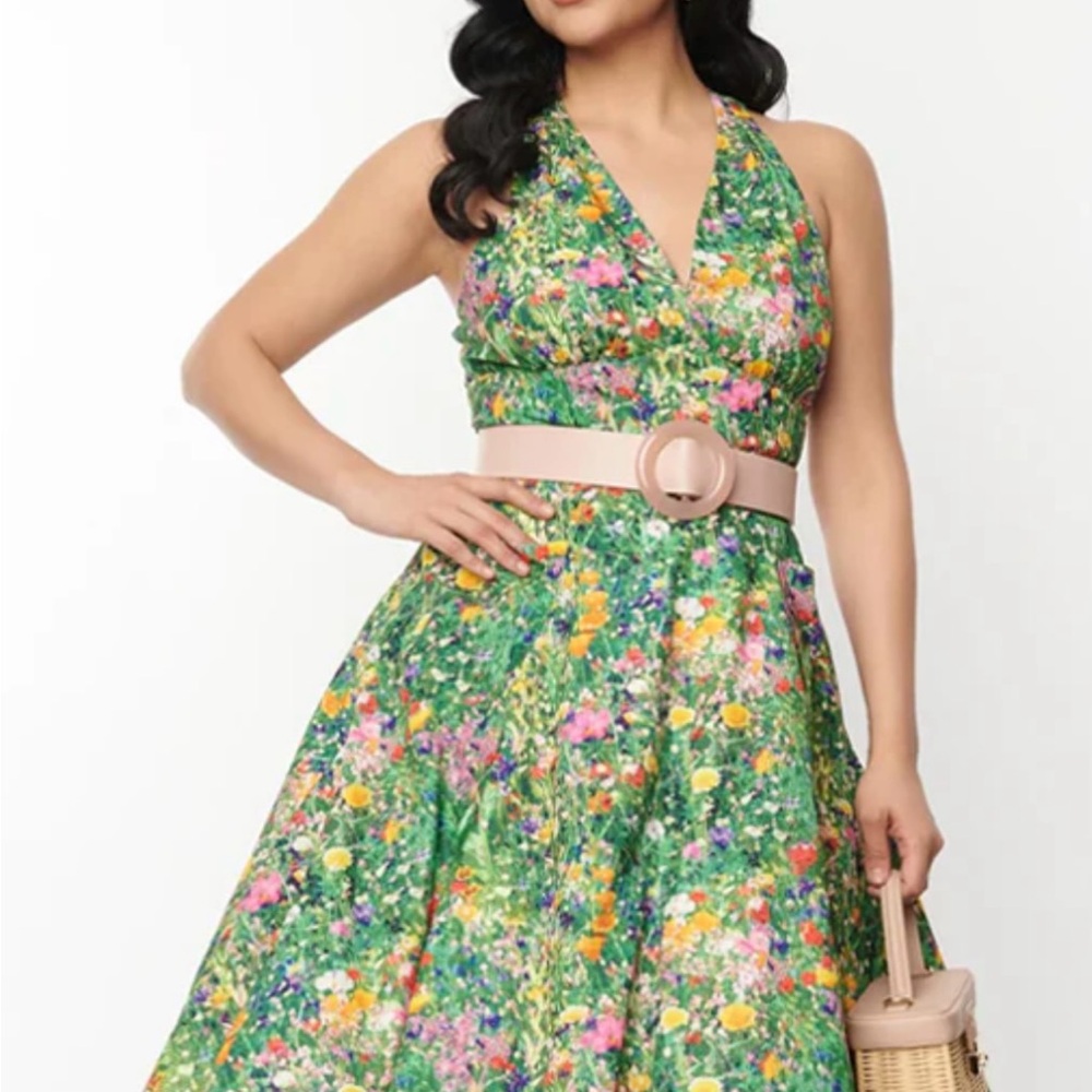 Unique Vintage Floral Halter Swing Dress NWT